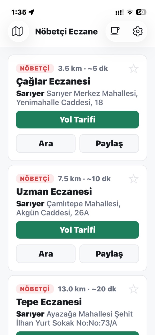 List of the nearest on-duty pharmacies with distance, driving time, directions, call and share buttons