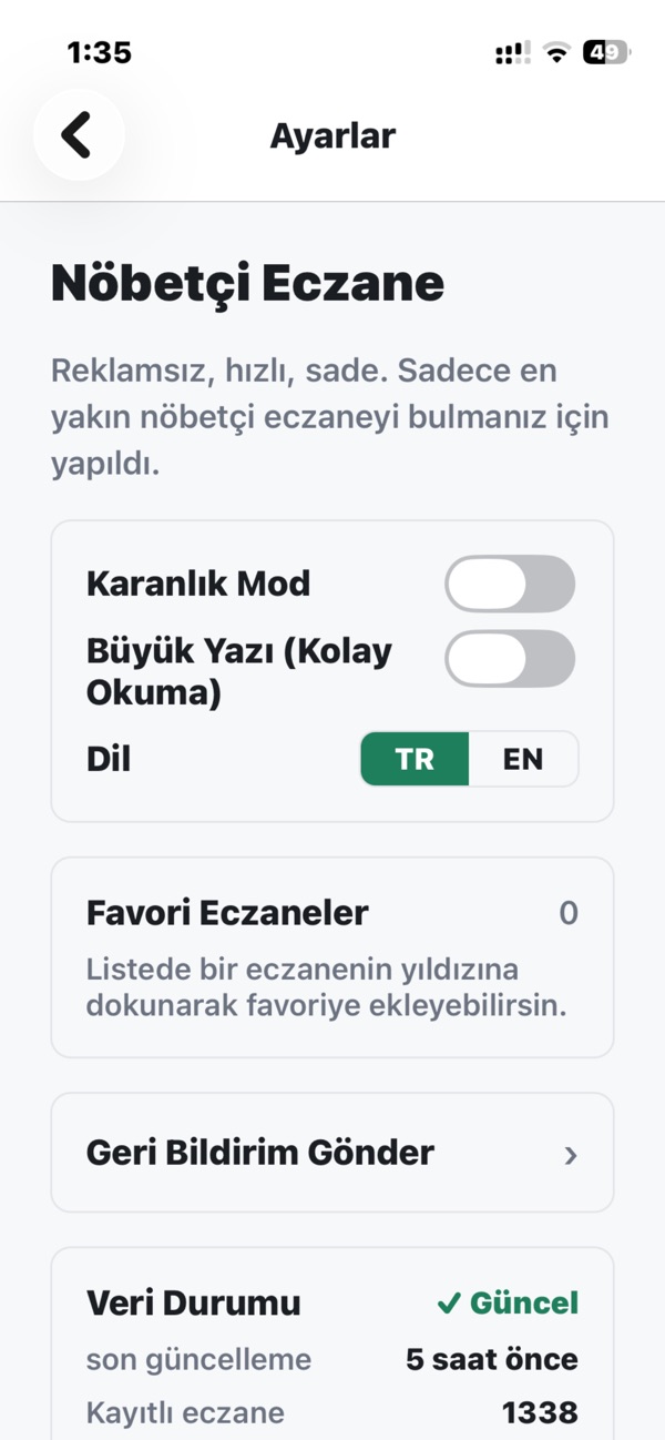 Settings: dark mode, large text, Turkish or English, favourites and data status